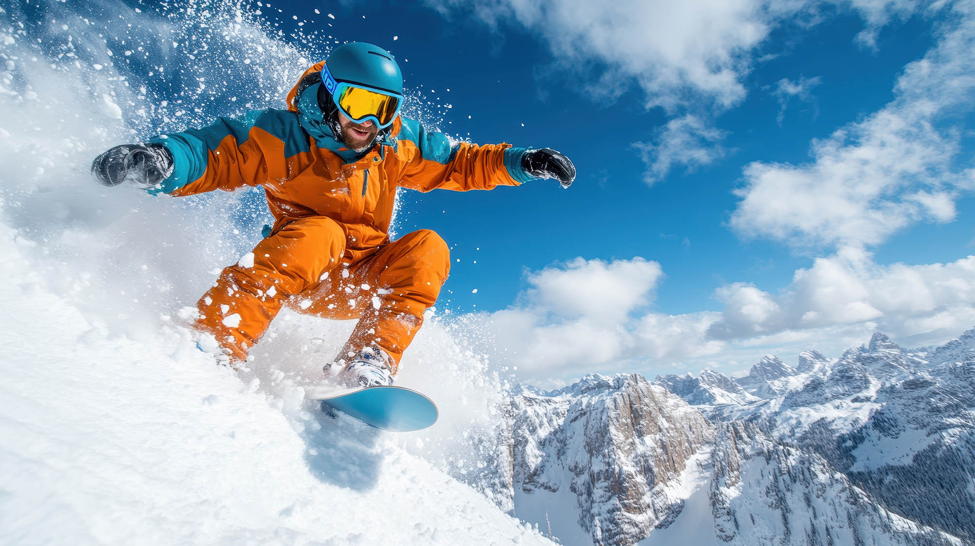 A men snowboarding down a snowy mountain.
